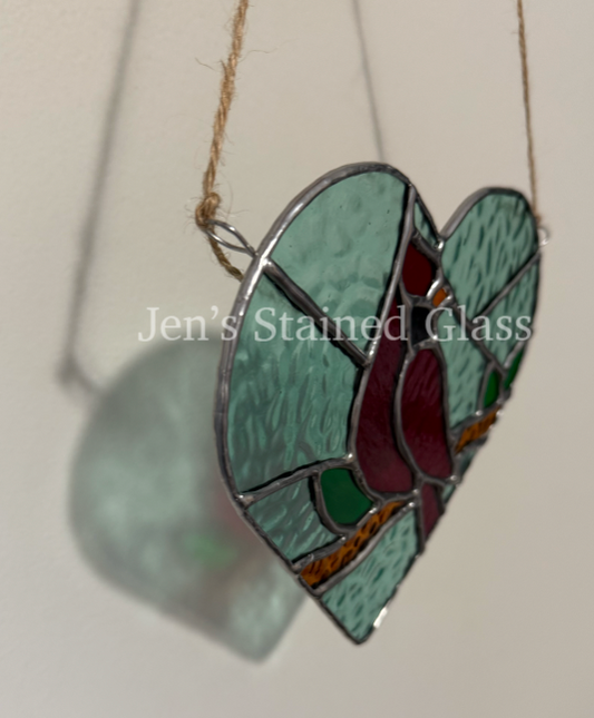 Blue Sky Cardinal on Branch Inside Heart Stained Glass Artwork