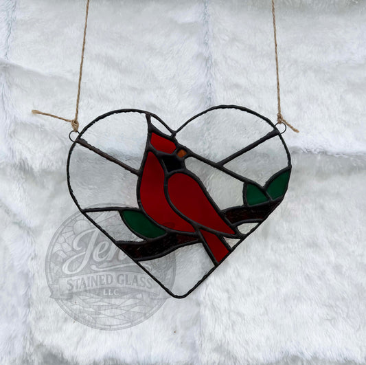 Cardinal on a Branch Stained Glass Heart Suncatcher