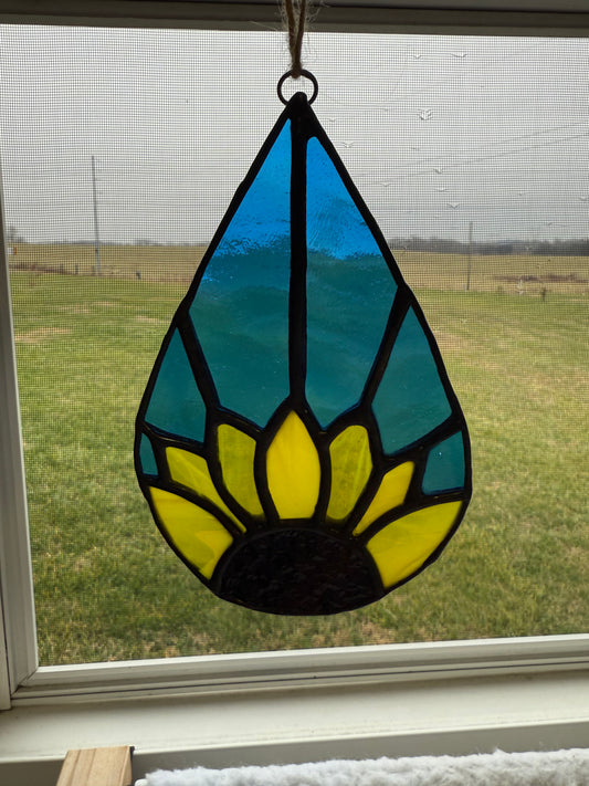 Blue Sunflower Teardrop Style Stained Glass Suncatcher