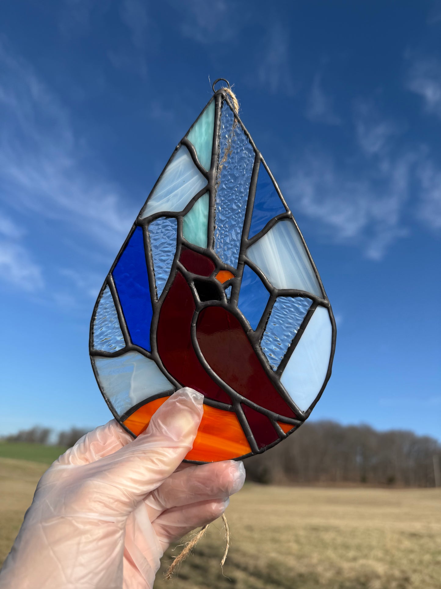 Shades of Blue Cardinal From Heaven Stained Glass Suncatcher