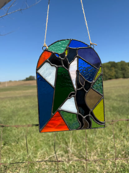 Cat Chasing Bat Stained Glass Original Artwork by Jen's Stained Glass