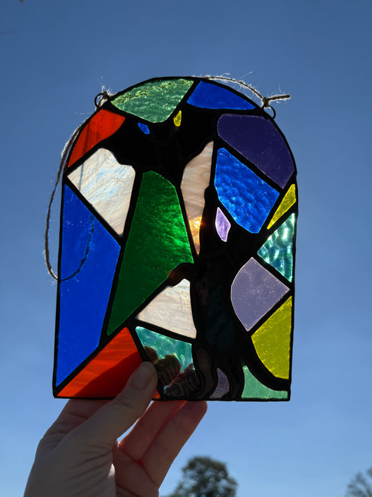Cat Chasing Bat Stained Glass Original Artwork by Jen's Stained Glass