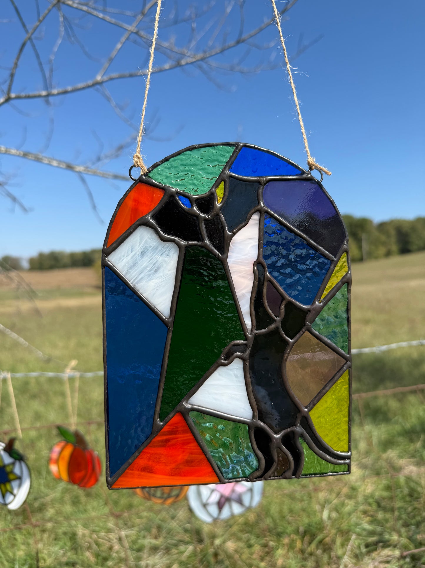 Cat Chasing Bat Stained Glass Original Artwork by Jen's Stained Glass