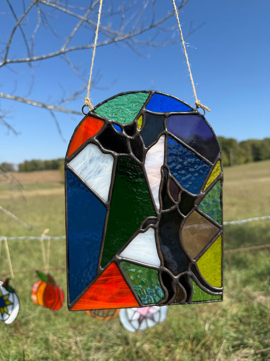 Cat Chasing Bat Stained Glass Original Artwork by Jen's Stained Glass