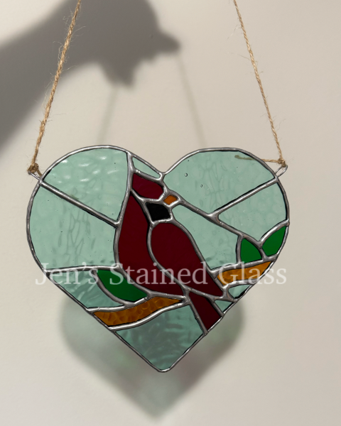 Blue Sky Cardinal on Branch Inside Heart Stained Glass Artwork