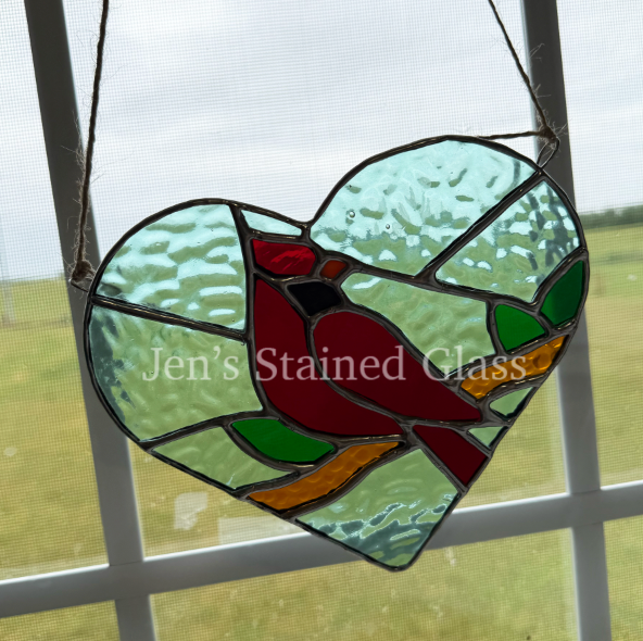 Blue Sky Cardinal on Branch Inside Heart Stained Glass Artwork
