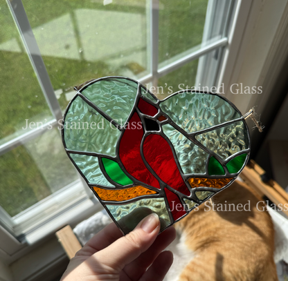 Blue Sky Cardinal on Branch Inside Heart Stained Glass Artwork