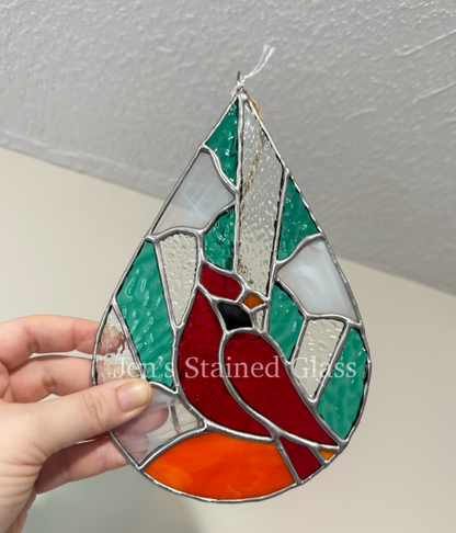 Heavenly Cardinal Scene Stained Glass Artwork Light Blue Green