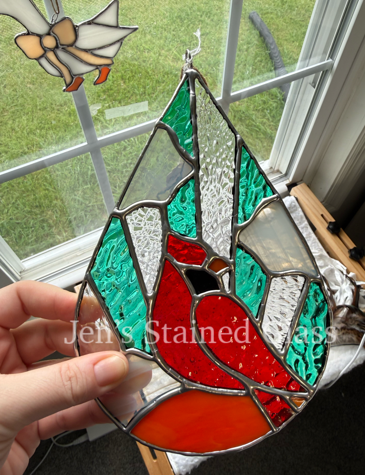 Heavenly Cardinal Scene Stained Glass Artwork Light Blue Green