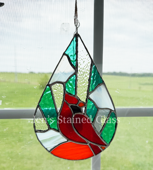 Heavenly Cardinal Scene Stained Glass Artwork Light Blue Green