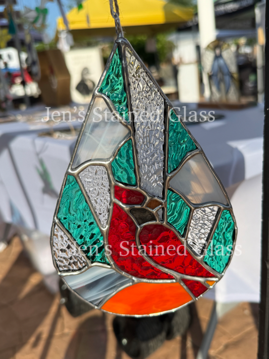 Heavenly Cardinal Scene Stained Glass Artwork Light Blue Green