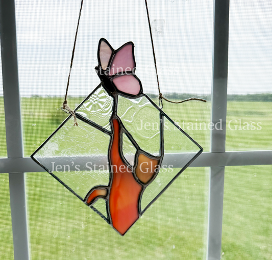 Orange Cat Chasing Pink Butterfly Stained Glass Artwork