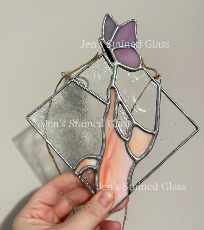 Orange Cat Chasing Pink Butterfly Stained Glass Artwork