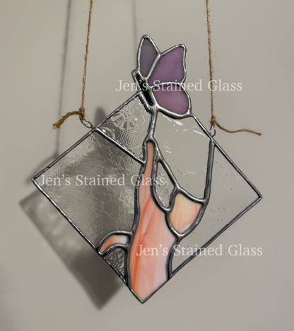 Orange Cat Chasing Pink Butterfly Stained Glass Artwork