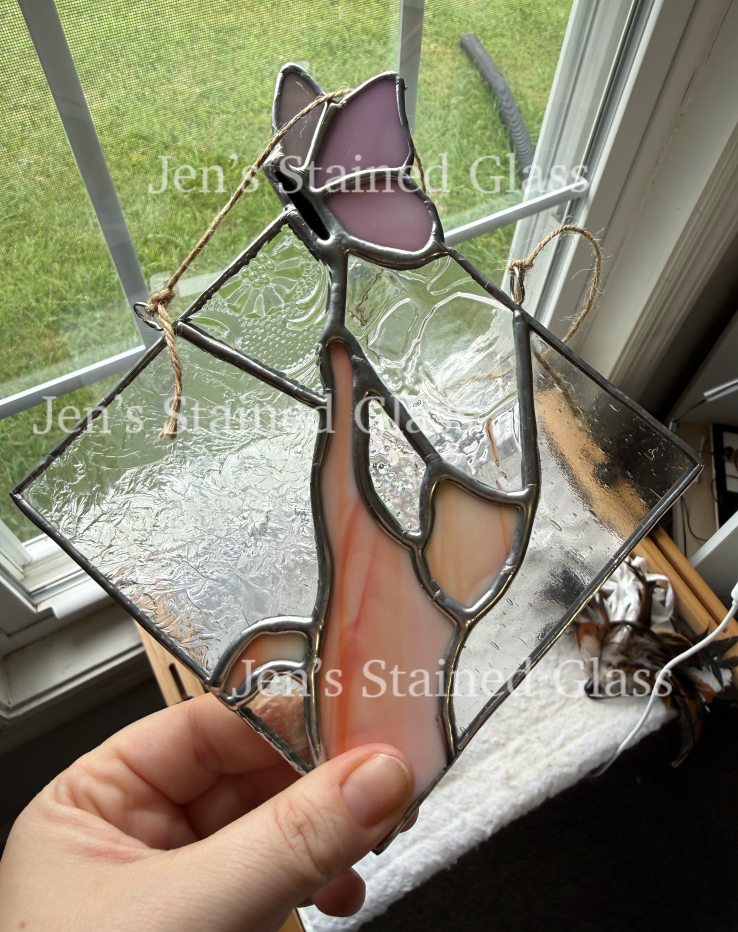 Orange Cat Chasing Pink Butterfly Stained Glass Artwork