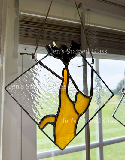 Tan Cat Chasing Black Bat Stained Glass Suncatcher