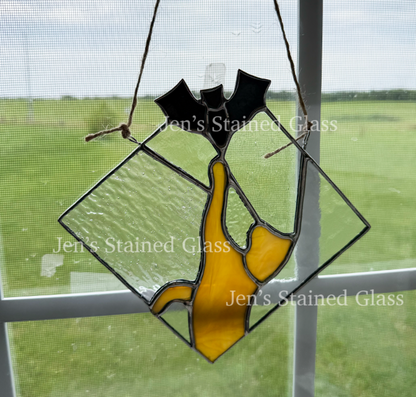 Tan Cat Chasing Black Bat Stained Glass Suncatcher