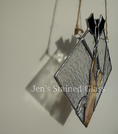 Tan Cat Chasing Black Bat Stained Glass Suncatcher