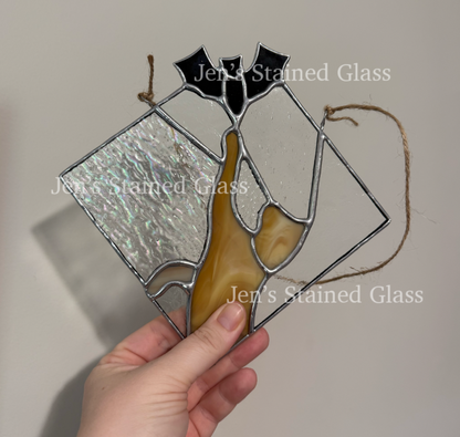Tan Cat Chasing Black Bat Stained Glass Suncatcher