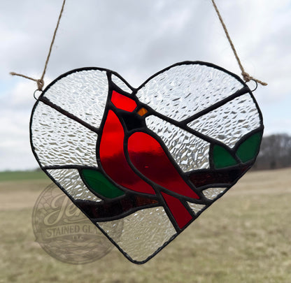 Cardinal on a Branch Stained Glass Heart Suncatcher