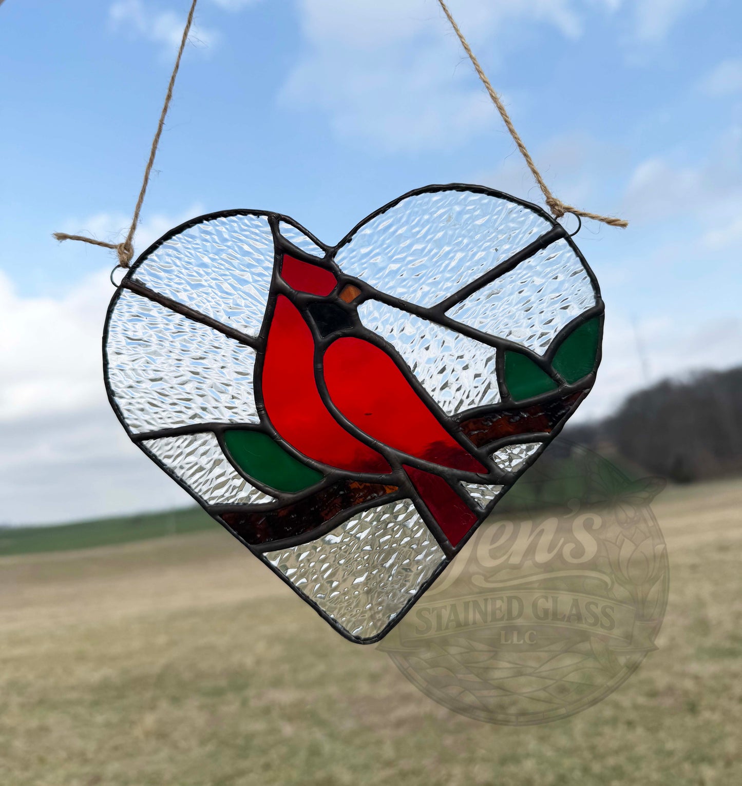 Cardinal on a Branch Stained Glass Heart Suncatcher