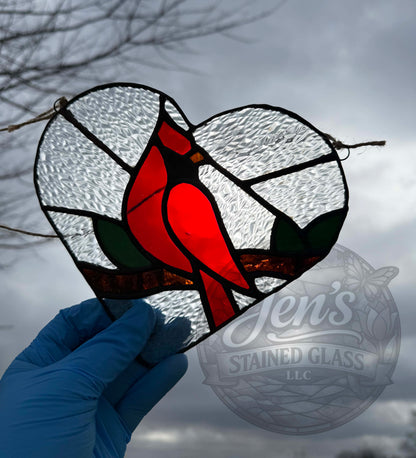 Cardinal on a Branch Stained Glass Heart Suncatcher